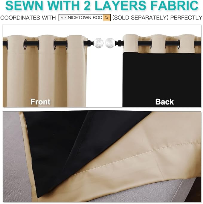 NICETOWN Thermal Insulated 100% Blackout Curtains, Noise Reducing Performance Drapes with Black Lining, Full Light Blocking Drapery Panels for Patio (Biscotti Beige, 1 Pair, 62 inches x 95 inches)