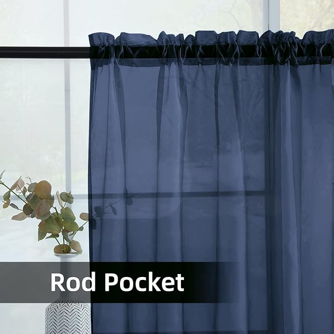 SpaceDresser Sheer Voile Window Treatment Rod Pocket Curtain Panels for Kitchen Bedroom Living Room Drapes Sunlight Filtering Privacy Semi Home Decor Assorted Colors Sizes (Navy, 52 W x 54 L)
