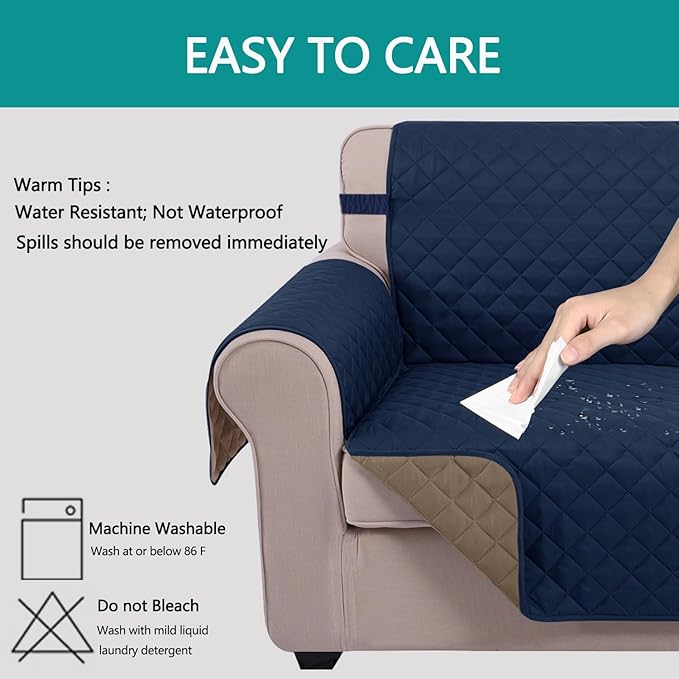 U-NICE HOME 4 Seater Sofa Cover 91 Inch Large Couch Covers for 4 Cushion Couch with Elastic Straps Water Resistant Furniture Protector Cover for Pets Cat (Sofa XX-Large, Navy/Taupe)