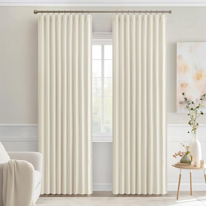 MIULEE Beige White Back Tab Blackout Curtains 90 Inches Long 2 Panels Set for Living Room Bedroom Privacy, Rod Pocket/Pinch Pleat Thermal Insulated Room Darkening Pleated Light Blocking Drapes