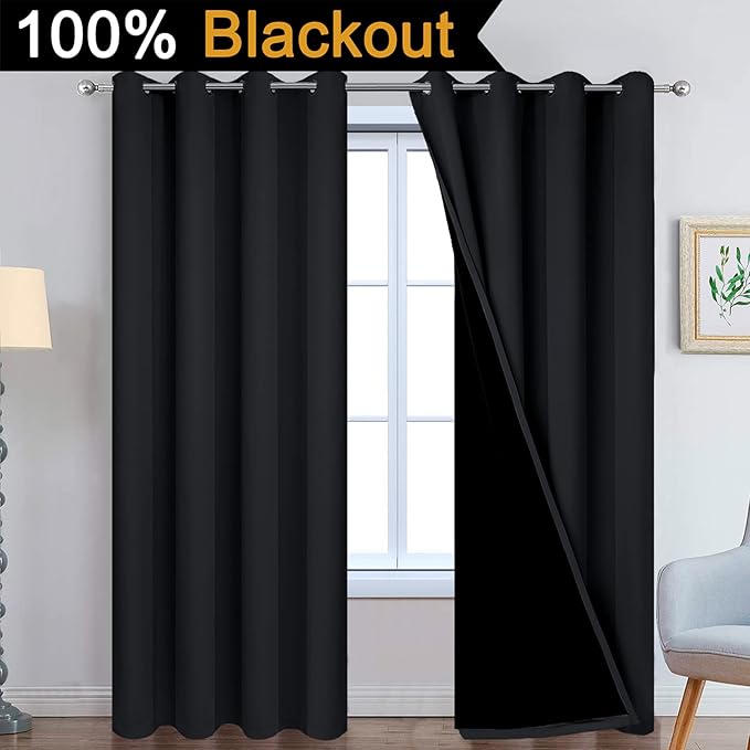 Yakamok 84 Inch Length 100% Blackout Curtains for Bedroom, 2 Thick Layers Thermal Insulated Grommet Total Blackout Drapes with Black Liner for Living Room (52Wx84L,Black, 2 Panels)