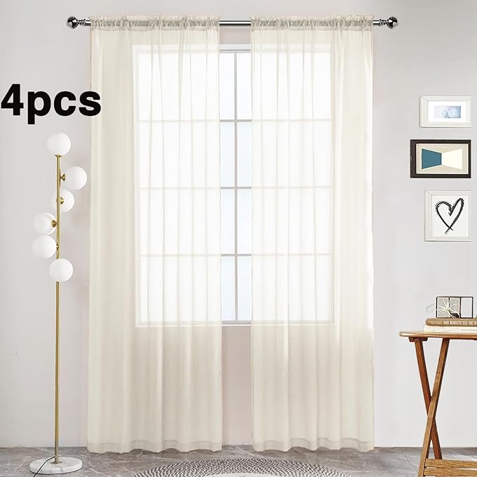SpaceDresser Ivory Sheer Curtains 4 Panels Rod Pocket Semi-Sheer Curtain 84 Inches Long Light Filtering Voile Window Drapes for Bedroom Living Room Kitchen, Each 52W x 84L