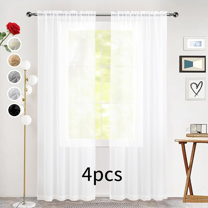 SpaceDresser Sheer White Curtains 4 Panels Rod Pocket Semi-Sheer Curtain 90 Inches Long Light Filtering Voile Window Drapes for Bedroom Living Room Kitchen, Each 52W x 90L