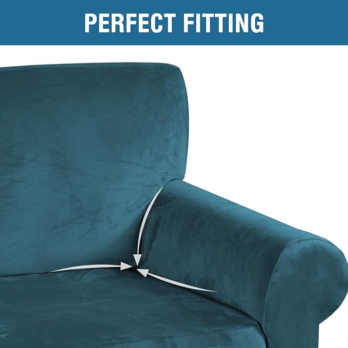 H.VERSAILTEX Stretch Velvet Loveseat Covers for 2 Cushion Couch Covers for Living Room Sofa Covers Slipcovers with Non Slip Straps Bottom, Ultra Thick Comfy Velour (Width 58"-72", Deep Teal)