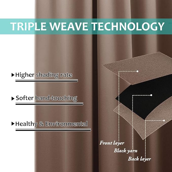 NICETOWN Living Room Completely Shaded Draperies, Privacy Protection & Noise Reducing Ring Top Drapes, Black Lined Insulated Window Treatment Curtain Panels(Cappuccino, 2 Pieces, W52 x L72)
