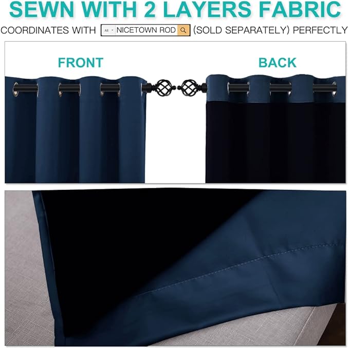 NICETOWN 100% Blackout Curtains 108 inches Long, Noise Reduction Window Treatment Curtains, Thermal Insulated Energy Smart Drapes and Draperies for Apartment Decor, Navy Blue, Set of 2, 52 inches W