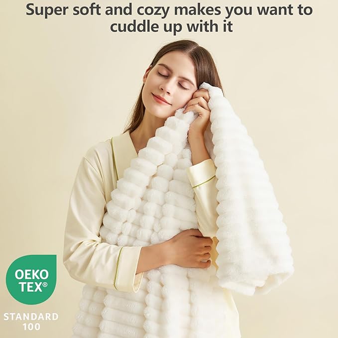 HIMEET Off White Ribbed Throw Blanket for Couch - 300GSM Lightweight Soft Fleece Blanket for Women, Cozy Blankets for Mothers Gifts, Striped Spring Home Room Decor, Off White, 50x60 Inches