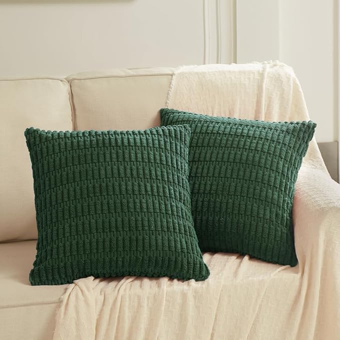 Fancy Homi Set of 4 Dark Green Boho Decorative Throw Pillow Covers 16x16 Inch for Couch Bed Sofa, Aesthetic Modern Bohemian Room Decor, Soft Fuzzy Fluffy Cozy Corduroy Textured Cushion Case 40x40cm