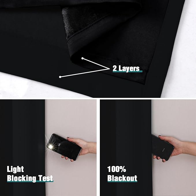 ChrisDowa 100% Blackout Curtains for Bedroom with Black Liner, 2 Thick Layers Total Blackout Thermal Insulated Grommet Window Curtains 2 Panels Set (Black, 42 x 84 Inch)
