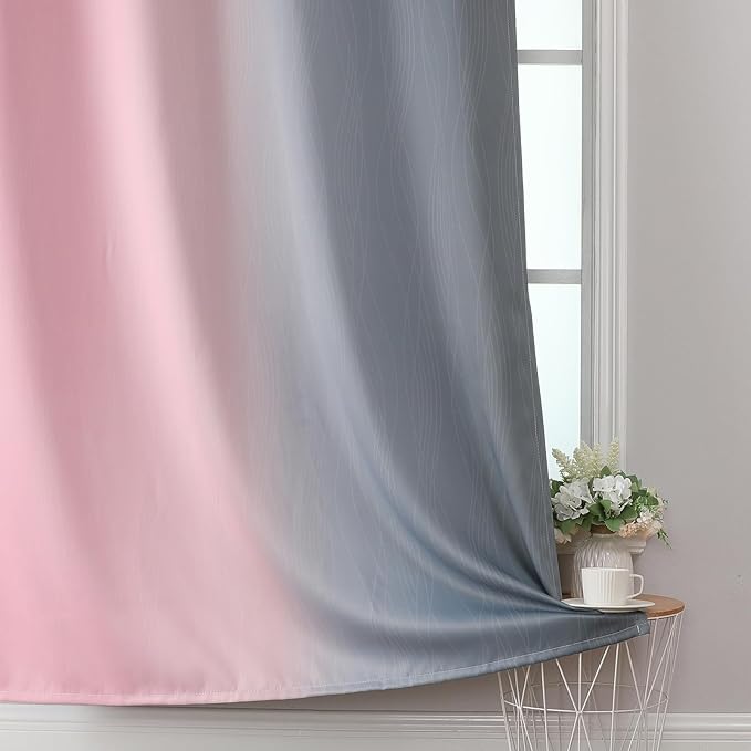 Estelar Textiler Ombre Gray and Pink Blackout Curtains 63 Inch Length 2 Panels, Full Light Blocking Curtains for Kids Room, Grommet Thermal Insulated Gradient Drapes for Girl's Room, 42x63 Inch