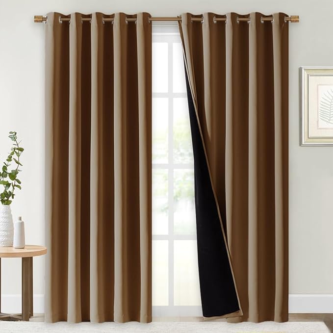 NICETOWN Full Shade Curtain Panels, 62 x 84 inch, Gold Brown, Pair of Energy Smart & Noise Blocking Out Blackout Drapes for Dining Room Window, Thermal Insulated Guest Room Lined Window Dressing