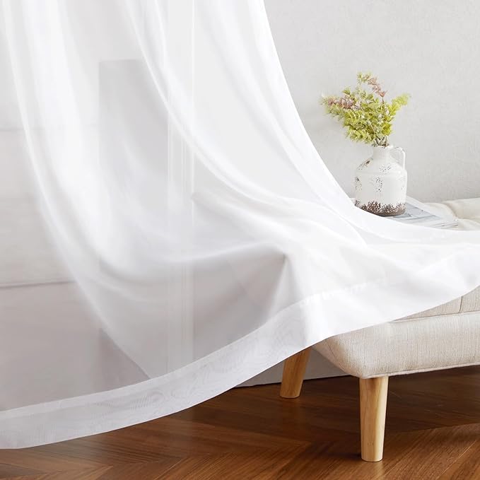 NICETOWN Sheer Curtains Panel 72" Long - Ring Top Window Treatment Sheer Voile Drapes for Bedroom/Living Room (White, Set of 2, W54 x L72)
