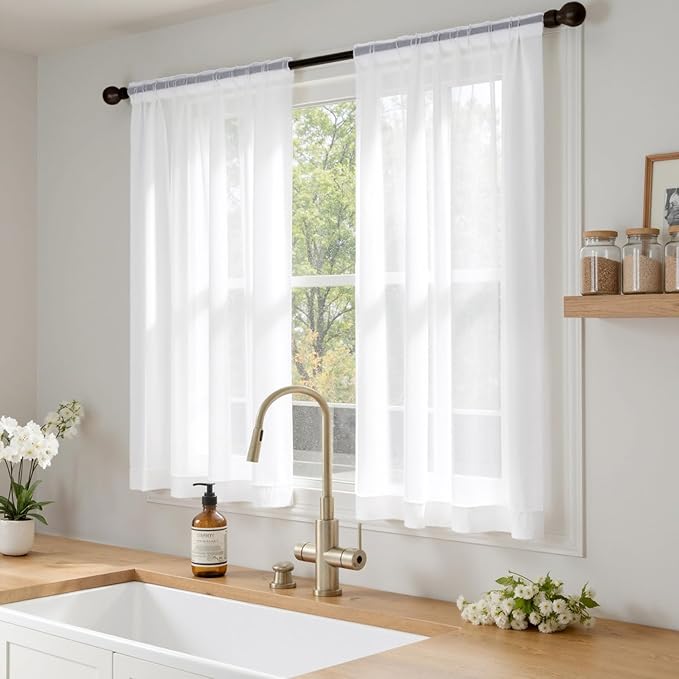 MIULEE Short Sheer Curtains 45 Inches Long, 4 Panels Set, Light Filtering Rod Pocket Curtains for Kitchen/Bathroom Small Windows, 42W x 45 Inches, White