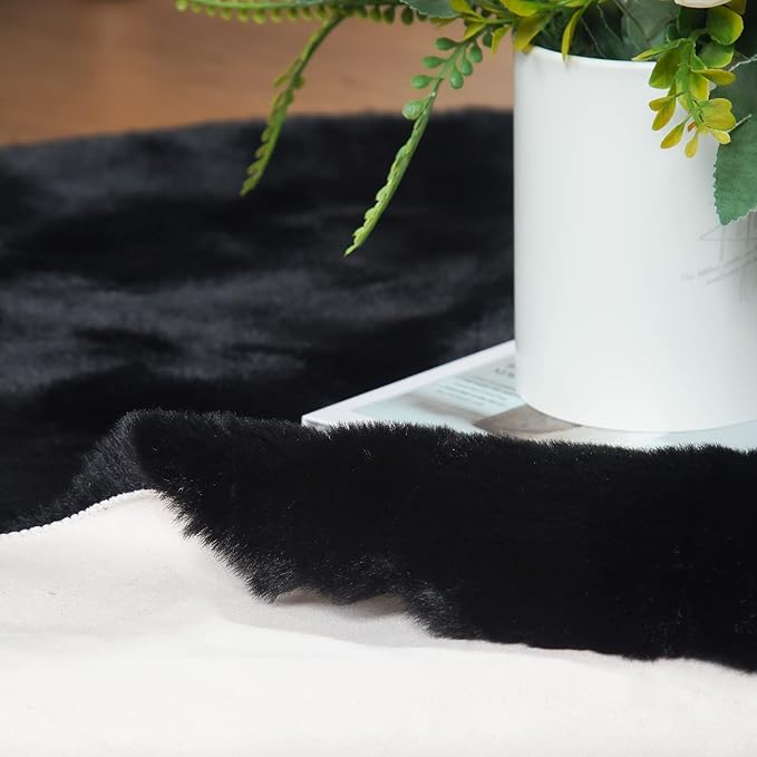 ORINOVA Black Round Plush Rugs for Bedroom Faux Bunny Fuzzy Washable Fur Area Rugs for Living Room Small Circle Nursery Rug 4ft Cute Room Décor