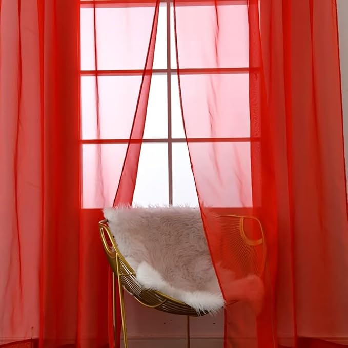 SpaceDresser Sheer Red Curtains 4 Panels Rod Pocket Semi-Sheer Curtain 90 Inches Long Light Filtering Voile Window Drapes for Bedroom Living Room Kitchen, Each 52W x 90L