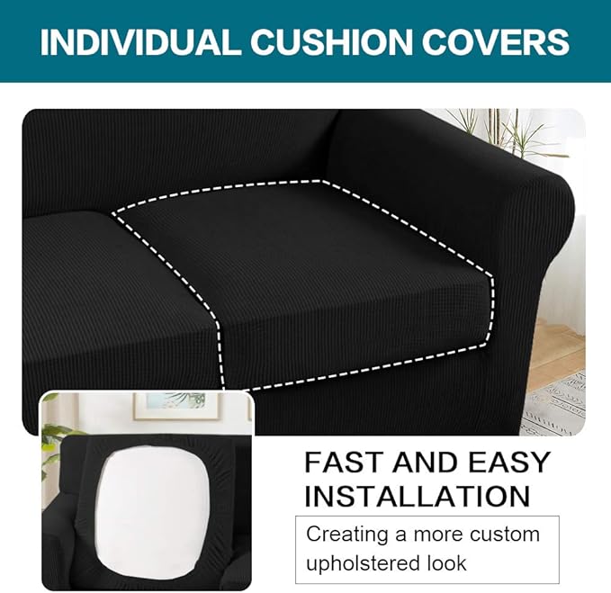 Turquoize 4 Piece Sofa Covers for 3 Cushion Couch Sofa Slipcover Soft Couch Cover for Dogs-Washable Sofa Furniture Covers with 3 Individual Cushion Covers,(3 Cushion Sofa, Black)