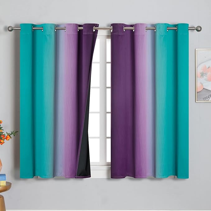 Estelar Textiler Ombre Teal and Purple Blackout Curtains 54 Inch Length 2 panels, Grommet Thermal Insulated Gradient Drapes for Kids Room, Full Light Blocking Blackout Curtains for Bedroom, 52x54 Inch