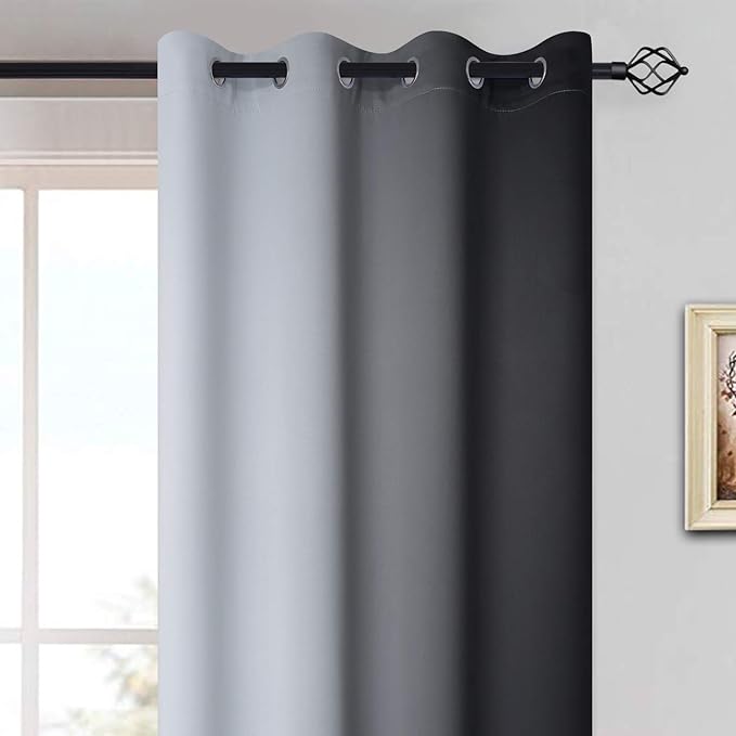 Yakamok 72 Inch Length Black and Greyish White Ombre Curtains, Light Blocking Gradient Color Curtains, Room Darkening Thermal Insulated Grommet Window Drapes for Bedroom (2 Panels, 52x72 Inch)