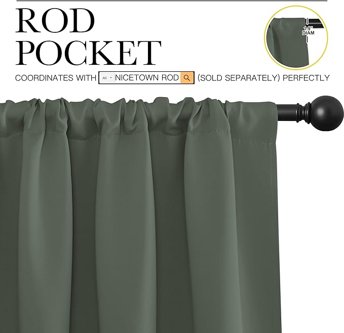 NICETOWN Bedroom Curtains Blackout Draperies - All Season Thermal Insulated Solid Rod Pocket Top Blackout Curtains/Drapes for Kid's Room (Dark Mallard, 1 Pair, 62 x 63 Inch)