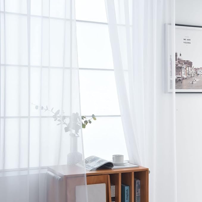 SpaceDresser Basic Rod Pocket Sheer Voile Window Curtain Panels White 1 Pair 2 Panels 52 Width 63 Inch Long for Kitchen Bedroom Children Living Room Yard(White,52 W x 63 L)