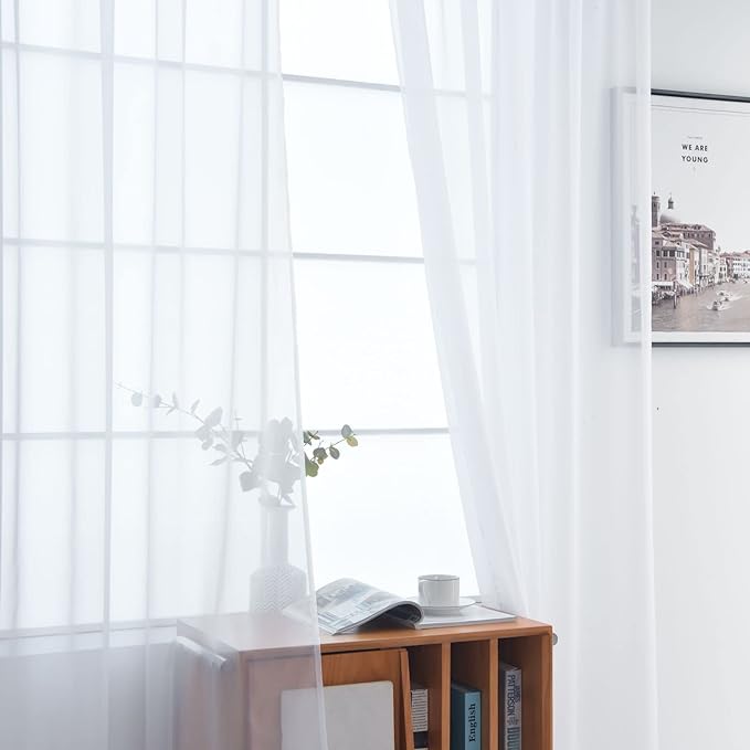 SpaceDresser Basic Rod Pocket Sheer Voile Window Curtain Panels White 1 Pair 2 Panels 52 Width 95 Inch Long for Kitchen Bedroom Children Living Room Yard(White,52 W x 96 L)