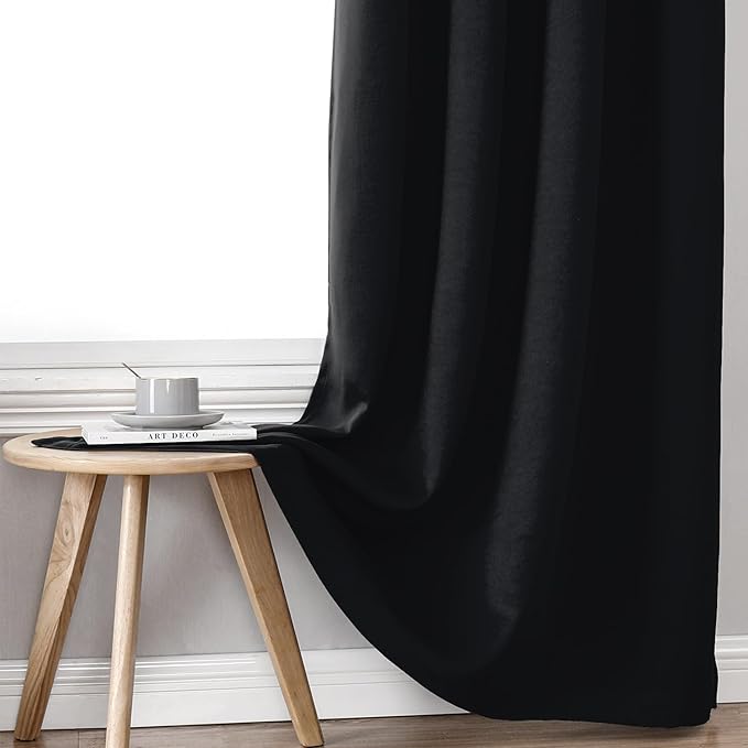ChrisDowa 100% Blackout Curtains for Bedroom with Black Liner, 2 Thick Layers Total Blackout Thermal Insulated Grommet Long Window Curtains 2 Panels Set (Black, 52 x 95 Inch)