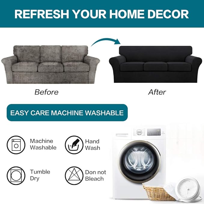 Turquoize 4 Piece Sofa Covers for 3 Cushion Couch Sofa Slipcover Soft Couch Cover for Dogs-Washable Sofa Furniture Covers with 3 Individual Cushion Covers,(3 Cushion Sofa, Black)