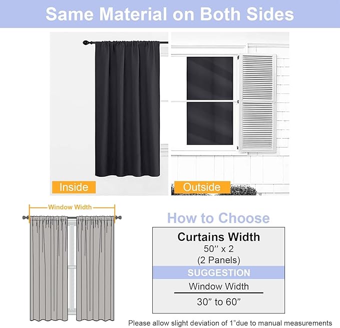 Simplebrand Ava Black Blackout Curtains for Bedroom 63 Inch Length 2 Panels Set, Solid Thermal Insulated Privacy Living Room Window Treatment Curtains Blackout Drapes, W50 x L63 Inch