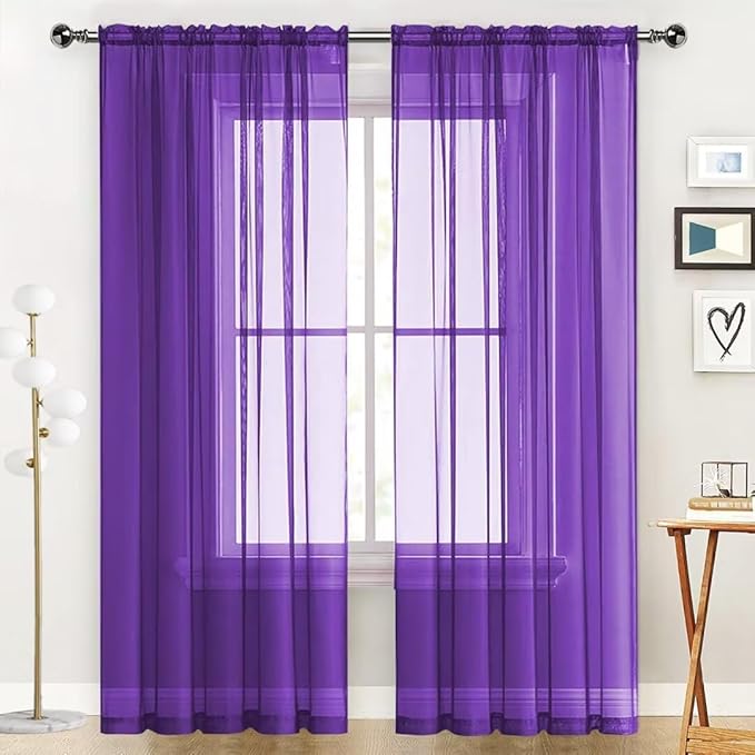 SpaceDresser Sheer Voile Window Treatment Rod Pocket Curtain Panels for Kitchen Bedroom Living Room Drapes Sunlight Filtering Privacy Semi Home Decor Assorted (Purple, 52 W x 96 L)