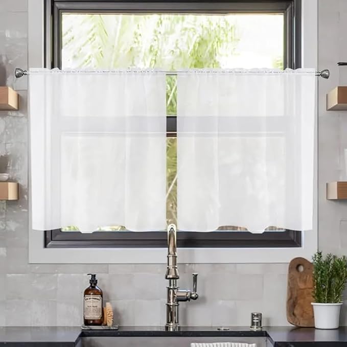 youleyar Solid Sheer Rod Pocket Curtain Voile Draperies 2 Panels White Beige Black Grey Coffee 26 Inch Width 40 Inch Long 1 Pair for Kitchen Bedroom Children Living Room Yard(White,26Wｘ40L)