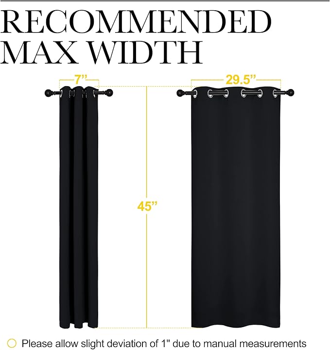 NICETOWN Halloween Bathroom Blackout Curtains and Drapes, Black Solid Thermal Insulated Grommet Blackout Drapery Panels for Window (2 Panels, 34 inches Wide by 45 inches Long, Black)