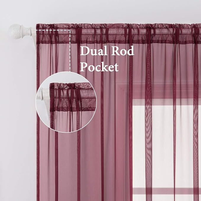 MIULEE Wine Red Christmas Window Sheer Curtains for Bedroom Living Room Solid Elegant Net Drapes 2 Panels Width 38 x Length 84 Inches