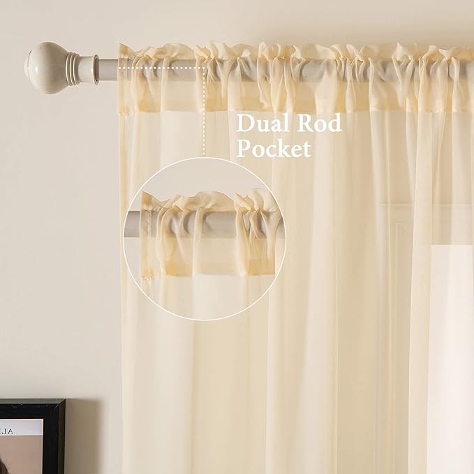 MIULEE Cream Beige Window Sheer Curtains for Bedroom Living Room Solid Elegant Net Drapes 2 Panels Width 38 x Length 63 Inches