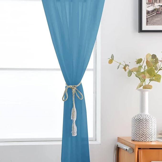 SpaceDresser Basic Rod Pocket Sheer Voile Window Curtain Panels Blue 1 Pair 2 Panels 52 Width 84 Inch Long for Kitchen Bedroom Children Living Room Yard（Blue, 52W x 84L）