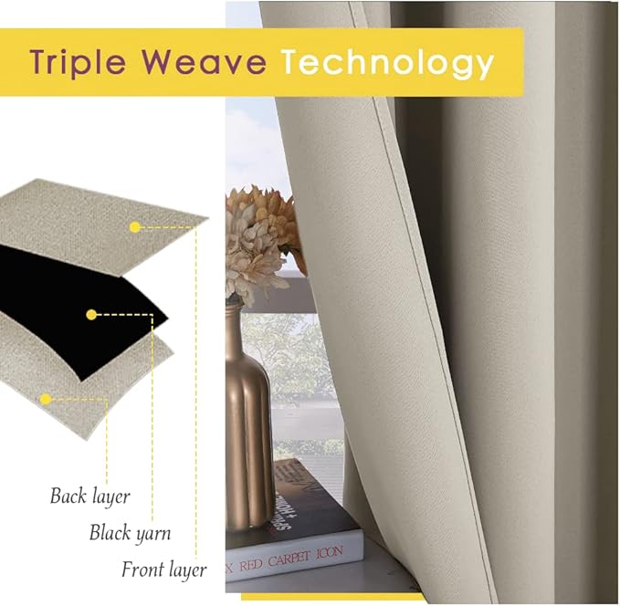 NICETOWN Kitchen Curtains, Short Curtains for Bedroom Windows, Natural, 42" W by 60" L, 1 Pair, Thermal Insulated Room Darkening Curtain Panels for Girls Room, Cafe