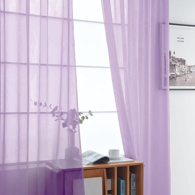 SpaceDresser Sheer Voile Window Treatment Rod Pocket Curtain Panels for Kitchen Bedroom Living Room Drapes Sunlight Filtering Privacy Semi Home Decor Assorted (Lavender, 52 W x 45 L)