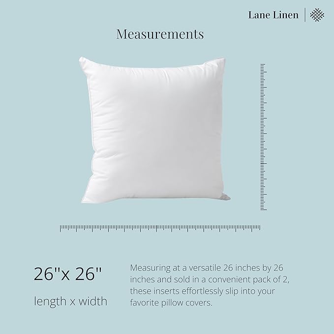 LANE LINEN 26x26 White Throw Pillow Inserts – Pack of 2 White, Fluffy Decorative Insert for Throw Pillow Covers, Perfect for Couch, Bed, Outdoor Use, and Elegant Sofa or Living Room Decor