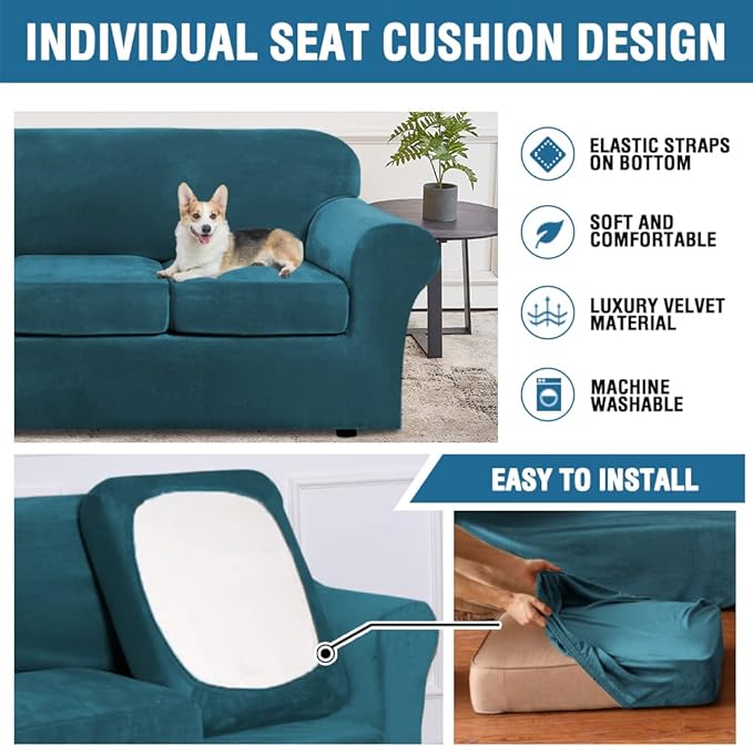 H.VERSAILTEX Modern Velvet Plush 4 Piece High Stretch Sofa Slipcover Sofa Cover Furniture Protector Form Fit Luxury Thick Velvet Sofa Cover for 3 Cushion Couch Width Up to 90 Inch (Sofa,Peacock Blue)