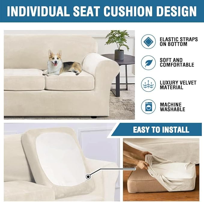 H.VERSAILTEX Real Velvet Plush 3 Piece Stretch Sofa Covers Couch Covers for 2 Cushion Couch Loveseat Covers Width Up to 72 Inch Feature Thick Soft Stay in Place (Medium Sofa, Ivory)