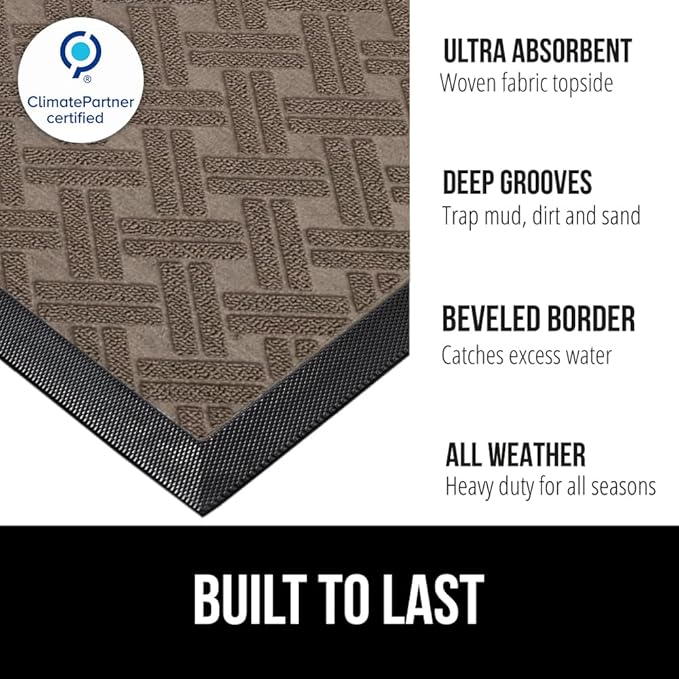 GORILLA GRIP 100% Waterproof All-Season WeatherMAX Doormat, US Designed Natural Rubber, Stain and Fade Resistant, Low Profile Indoor Outdoor Door Mats, Easy Clean Patio Mat, 29x17, Taupe Basket Weave