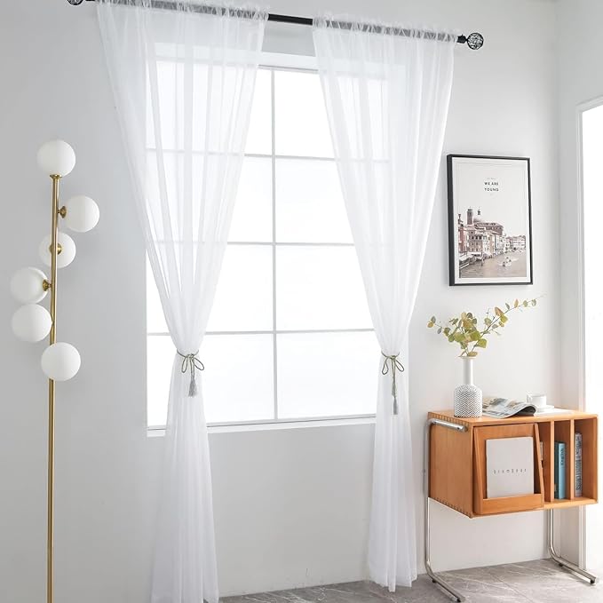 SpaceDresser Sheer White Curtains 4 Panels Rod Pocket Semi-Sheer Curtain 63 Inches Long Light Filtering Voile Window Drapes for Bedroom Living Room Kitchen, Each 52W x 63L