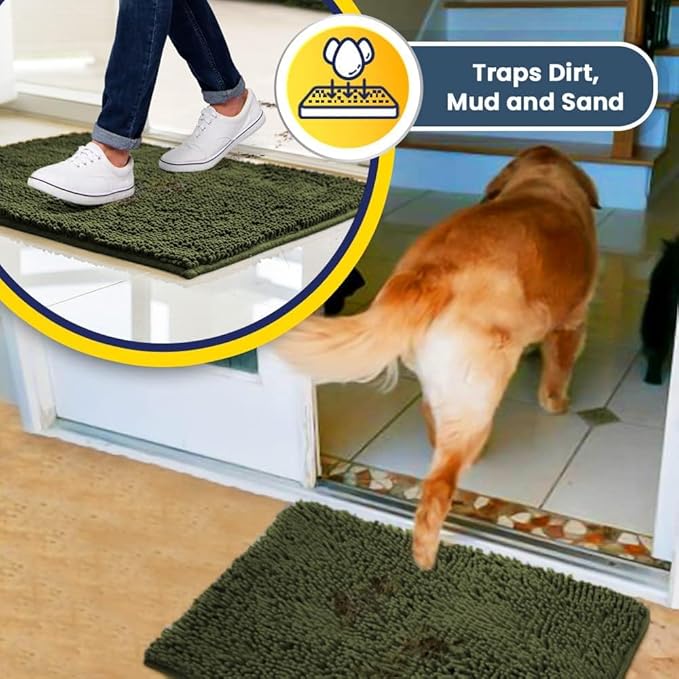Muddy Mat® | Super Absorbent Door Mat Indoor, Microfiber Quick Dry Chenille Entryway Rug, Non-Slip Front Door Mat, Indoor Mats for Entryway, Machine Washable Pet Rug, Army Green 19"x30"