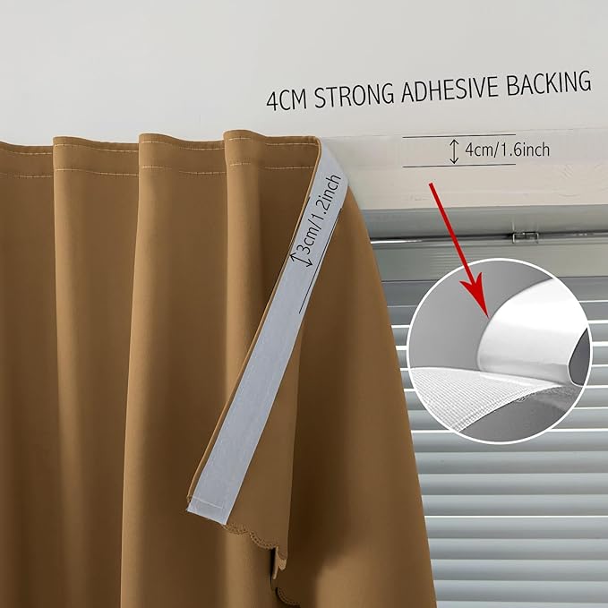 Self Adhesive Curtains, Stick Curtain Blackout Shades Window Cover Curtains for Living Room No Drilling, 59" W X 96" L, Brown, 1 Panel