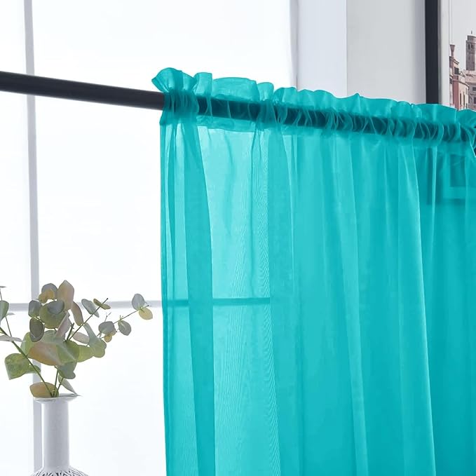 SpaceDresser Sheer Voile Window Treatment Rod Pocket Curtain Panels for Kitchen Bedroom Living Room Drapes Sunlight Filtering Privacy Semi Home Decor Assorted (Peacock Blue, 52 W x 90 L)