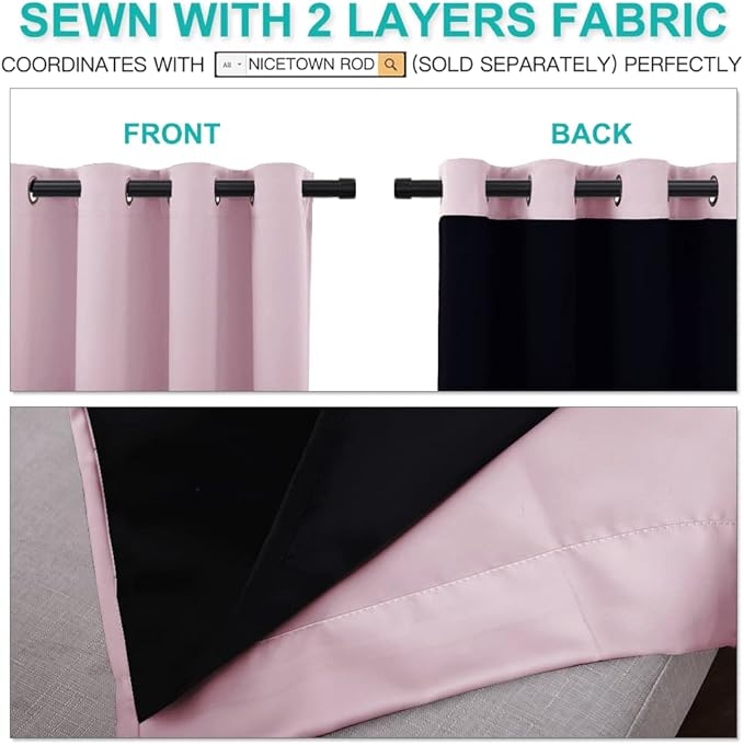 NICETOWN 100% Blackout Window Curtain Panels, Heat and Cold Blocking Drapes with Black Liner for Nursery, 84 inches Thermal Insulated Draperies (Lavender Pink, 2 Pieces, 52 inches Wide Each Panel)