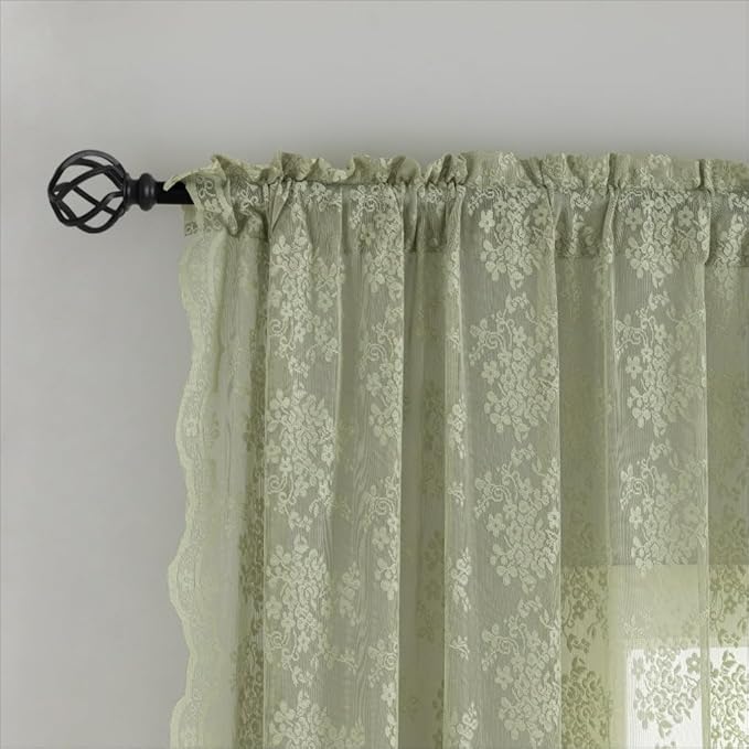 YJ YANJUN Vintage Lace Curtains 84 Inch Long- Victorian Floral Pattern Sheer Sage Green Curtains for Bedroom Living Room Kitchen Hallway 2 Panels Set Rod Pocket Spring Summer Boho Decor 52Wx84L