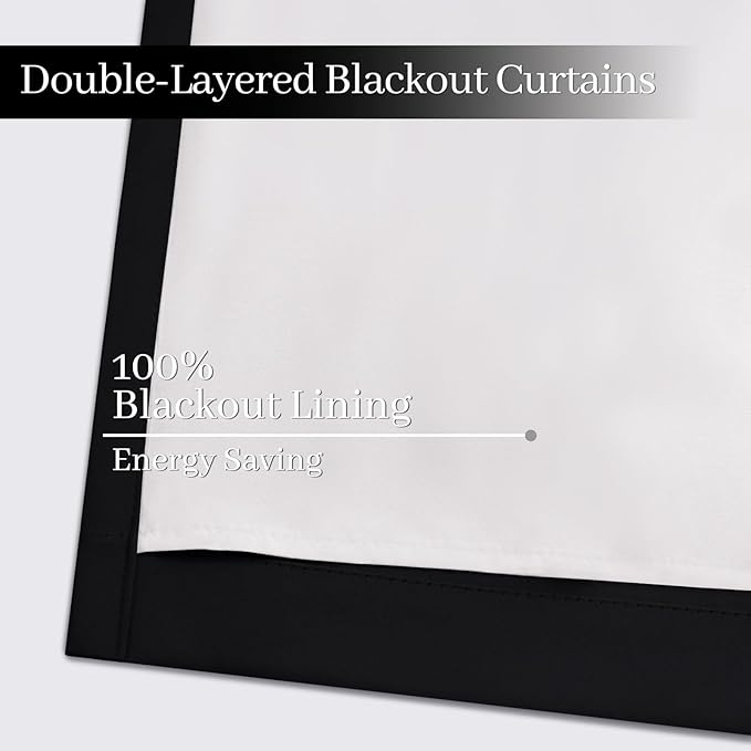 Yakamok 100% Blackout Curtains Black Room Darkening Thermal Insulated Window Curtain with 2 Thick Layers-Set of 2 Panels Grommet Top Drapes for Bedroom Living Room 52 Inches by 72 Inches Length