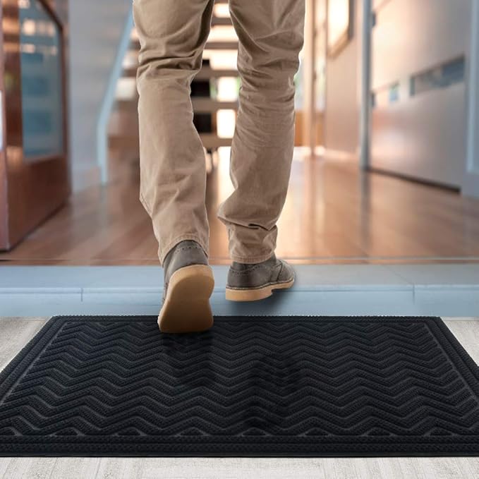 Mibao Front Door Mat, Dirt Trapper Welcome Mat for Outdoor Indoor, Non-Slip Waterproof Doormat, Durable Machine Washable Low Profile Entry Rug for Back Door Outside Patio, 61.5" x 36", Black Wave
