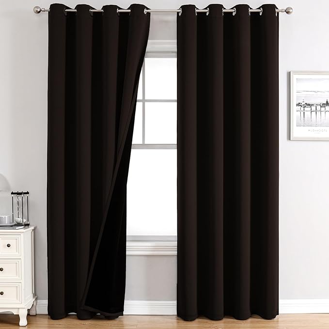 ChrisDowa 100% Blackout Curtains 80 inch Long for Bedroom with Black Liner, 2 Thick Layers Total Blackout Thermal Insulated Grommet Window Curtains 2 Panels Set (Brown, 52 x 80 Inch)