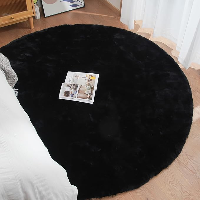 ORINOVA Black Round Area Rug 5ft Washable Faux Fluffy Fur Rug for Bedroom Circle Nursery Rug for Living Room Girl Room Cute Décor